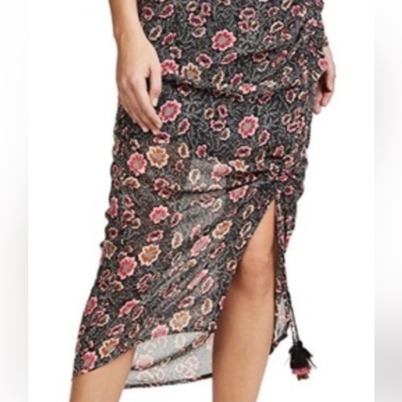 Rebecca Minkoff Romy Black Floral Print Ruched Skirt with Tassels Sz 10 - Picture 5 of 8